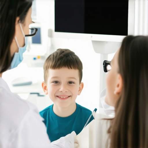 Dentist with family using digital scanning technology in dental clinic