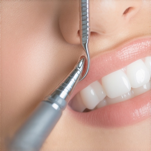 Dental hygienist cleaning around crowns with ultrasonic device