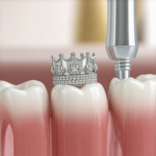 Dentist fitting a dental crown on a patient's tooth during a procedure.