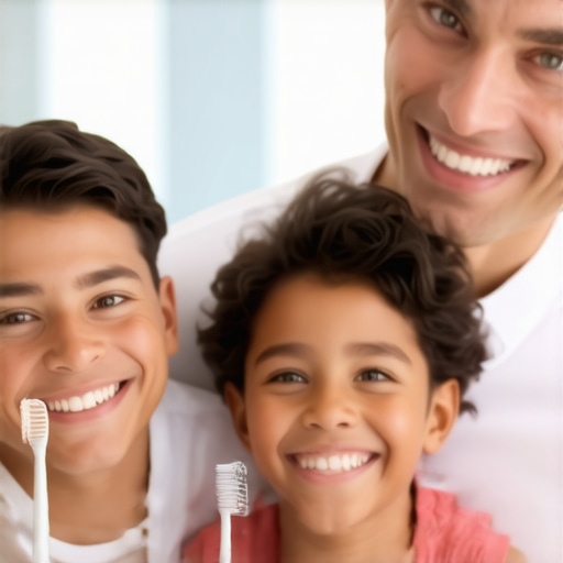 Happy family brushing teeth together in a modern bathroom.