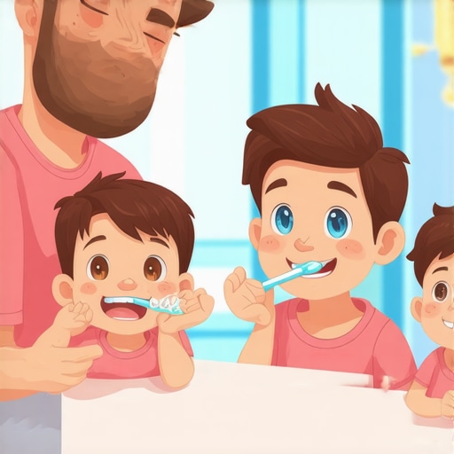 Family brushing teeth together in bathroom