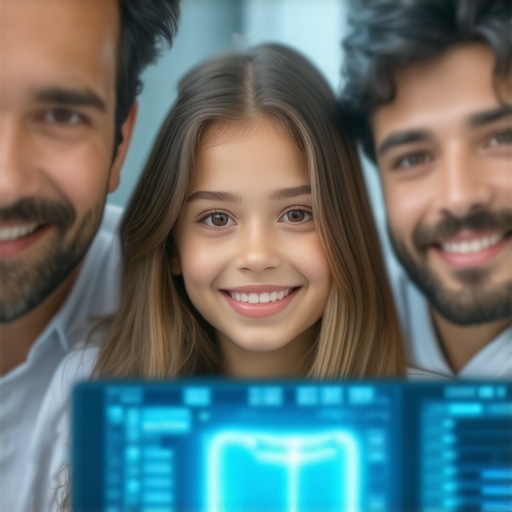 Family engaging with AI dental diagnostic tools in a modern clinic