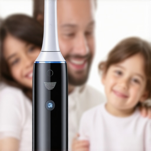 Family using advanced ultrasonic toothbrush with sensors for improved oral hygiene