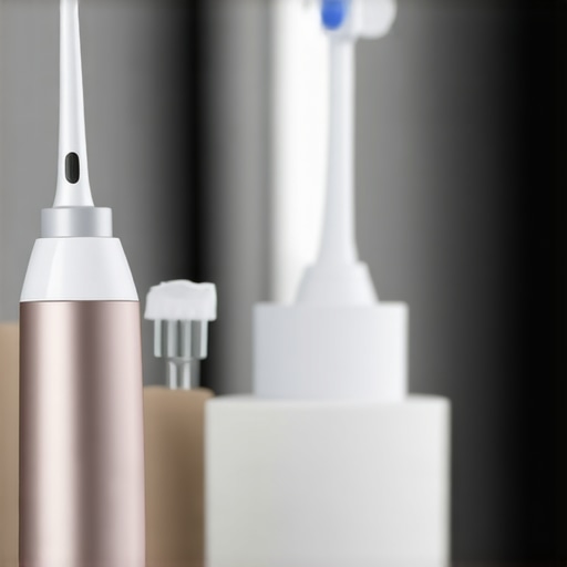 Person using sonic toothbrush and water flosser to clean dental crowns at home.