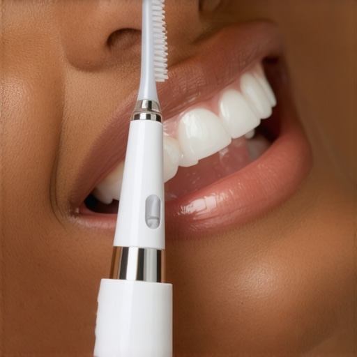Person brushing teeth with electric toothbrush and cleaning crowns with interdental brushes