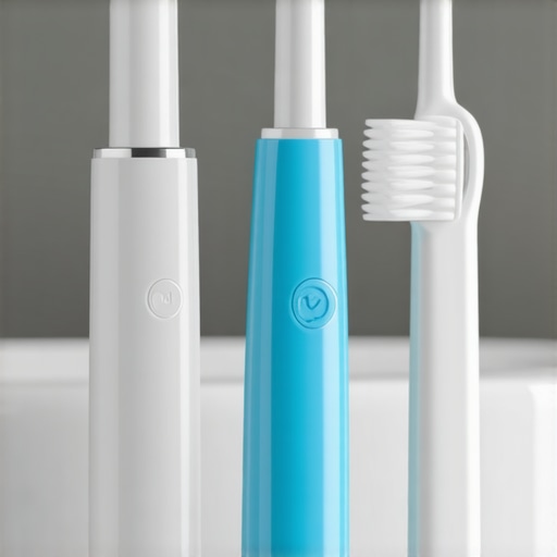 Electric toothbrush, water flosser, and tongue scraper arranged on bathroom countertop for effective oral care