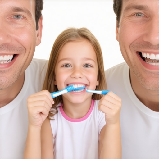 A family practicing good oral hygiene together in a sunny bathroom, emphasizing family dentistry