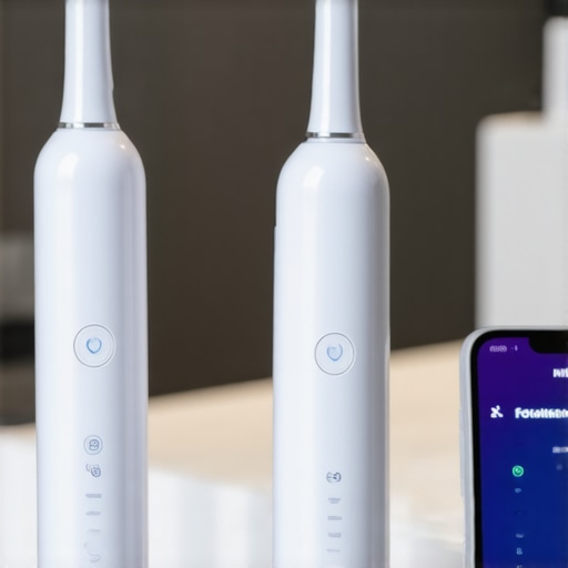 Electric toothbrush, water flosser, and oral health app in a bathroom setting