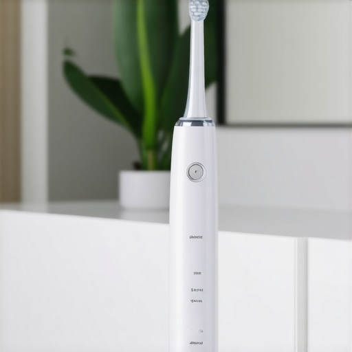 Person demonstrating electric toothbrush and water flosser for oral health