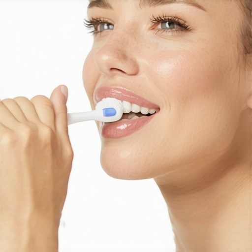 Person brushing teeth with a soft toothbrush at a 45-degree angle
