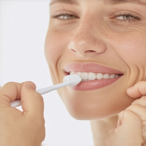 Person demonstrating gentle circular brushing motion with a soft toothbrush