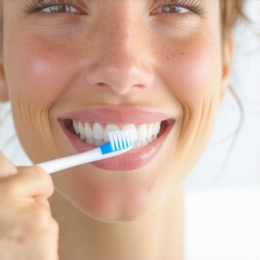 Person demonstrating circular teeth brushing technique with a toothbrush