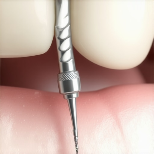 Dentist preparing a tooth for crown placement with dental tools.