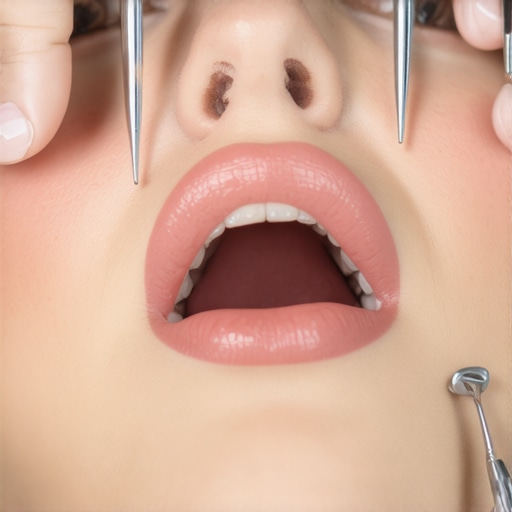 Dentist inspecting a patient's dental crown closely during a checkup.