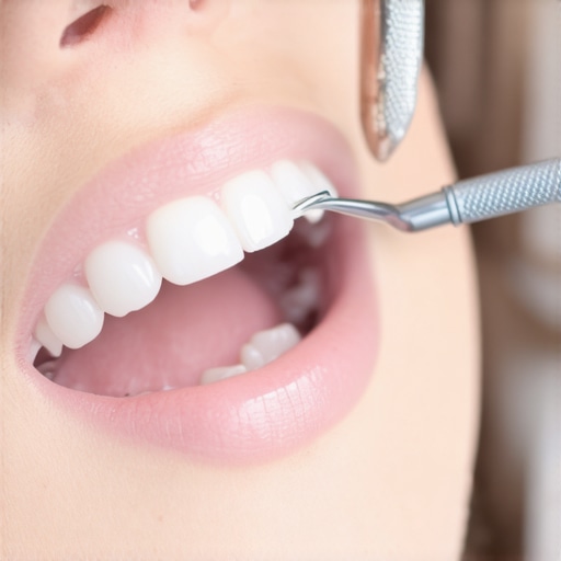 Dentist placing a dental crown on a patient's prepared tooth in a clinic.