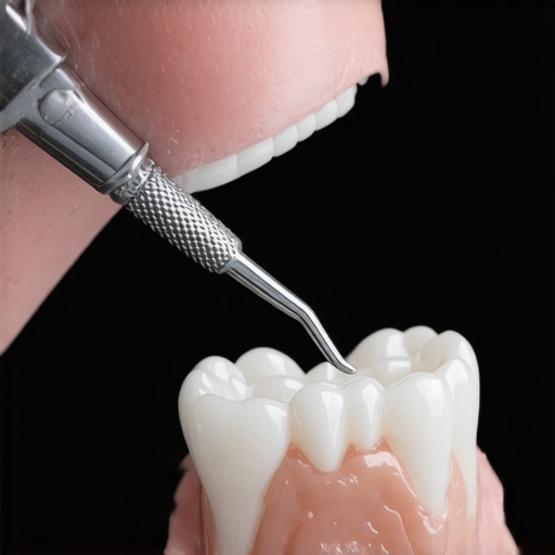 Dentist working on fitting a dental crown with dental tools