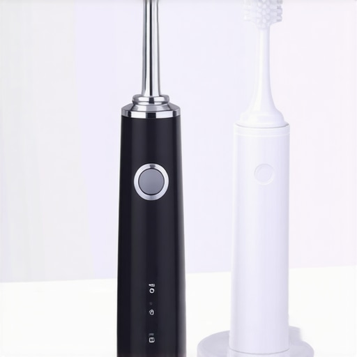 Water flosser and electric toothbrush on a bathroom counter, showcasing oral care tools.