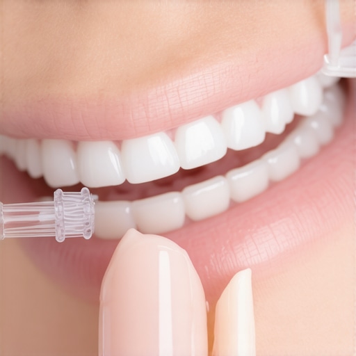 Person using interdental brushes and water flosser to clean around dental crowns and between teeth.