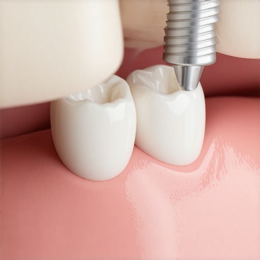 Dentist fitting a dental crown on a patient's tooth during a procedure.