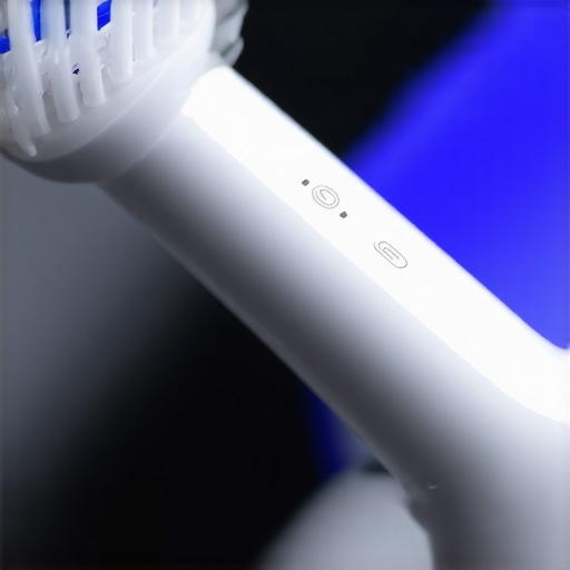 A sleek electric toothbrush with Bluetooth connectivity app showing brushing data.
