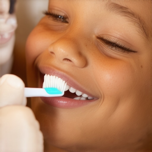 Dentist showing child correct brushing method