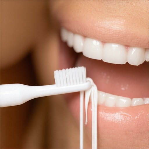 A dentist shows a patient the correct way to brush around a dental crown