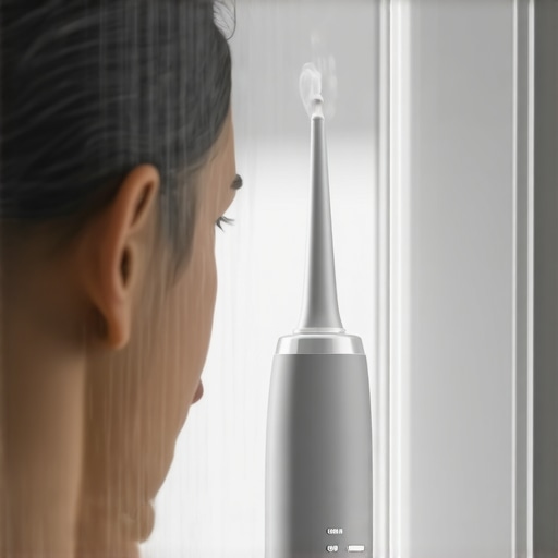 Person demonstrating water flosser technique in bathroom