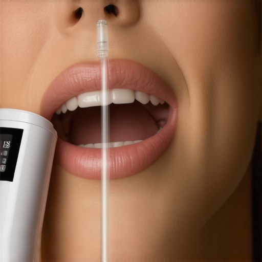 A sleek AI-powered water flosser targeting the area around a dental crown during cleaning.