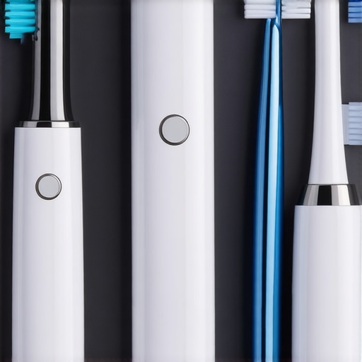 Collection of modern dental health tools such as electric toothbrush, biofilm scanner, and smart flosser.