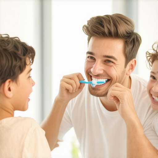 Family Teeth Brushing Routine A family brushing teeth together in bathroom