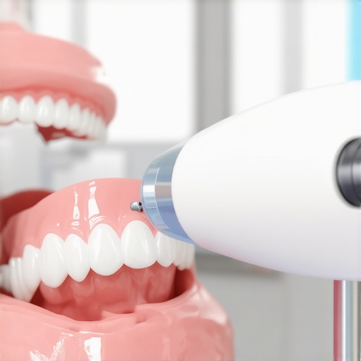 Dental technician scanning patient's mouth with 3D imaging device for plaque detection.