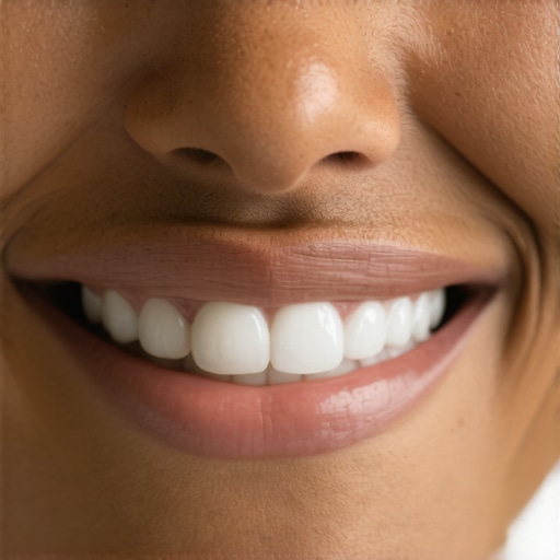 Close-up of a person's mouth showing a well-maintained dental crown and healthy gums.