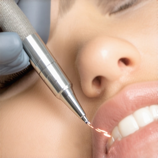 Dentist using laser equipment on patient's teeth during crown bonding process