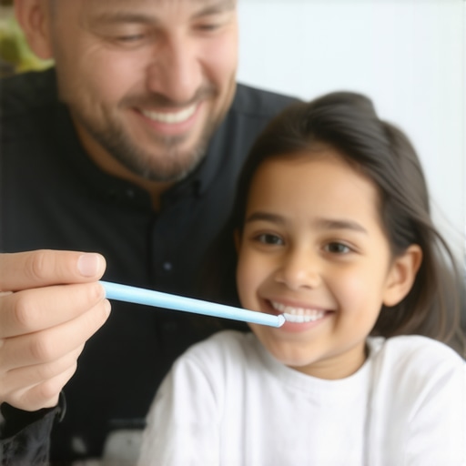 A family demonstrating the use of advanced dental technology devices for oral health maintenance.