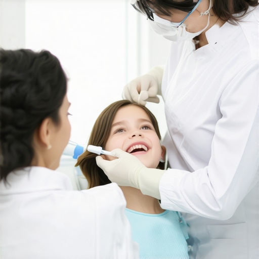 Dentist showing a family proper brushing methods in a dental clinic