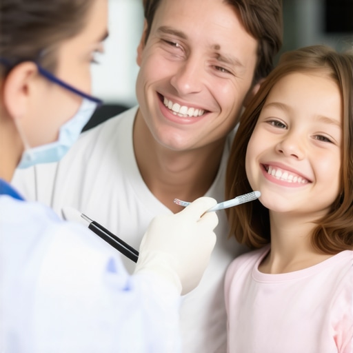 A dentist explaining bio-mineral crowns to a family at the dental clinic