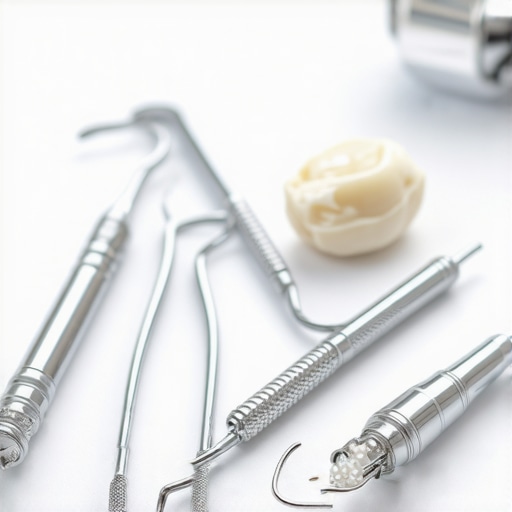 A set of dental tools with crowns and a small dental model on a tray, illustrating advanced oral health care practices
