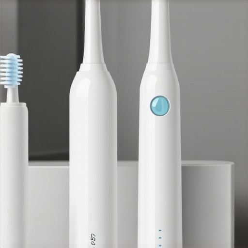 A sonic toothbrush and water flosser on a bathroom counter showcasing advanced dental care equipment.