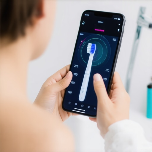 Person using a smart toothbrush connected to a smartphone to monitor dental cleaning progress.