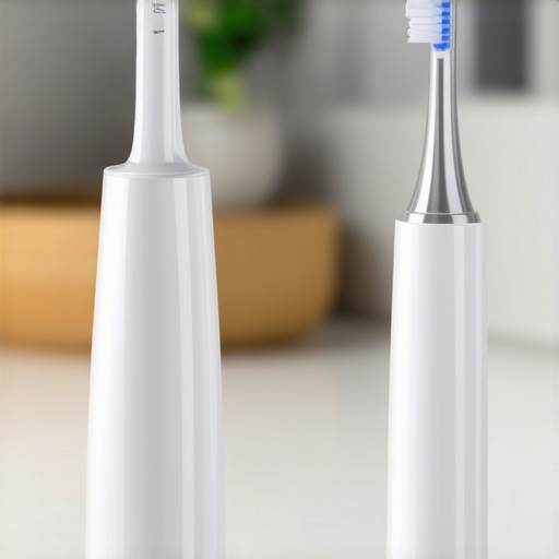 Electric toothbrush and water flosser on a bathroom counter, ready for routine dental care.