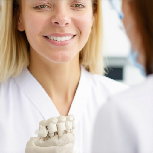 Dentist discussing dental crown choices with a patient in a clinic.