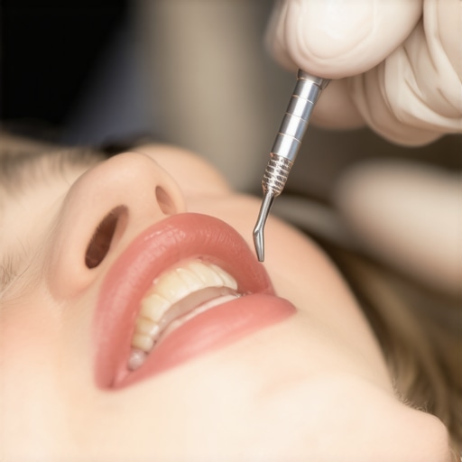 A dentist inspecting a patient's teeth with specialized equipment, representing advanced dental care techniques.