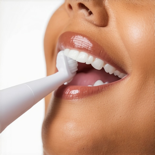 Person demonstrating proper electric toothbrush usage with gentle circular motions.