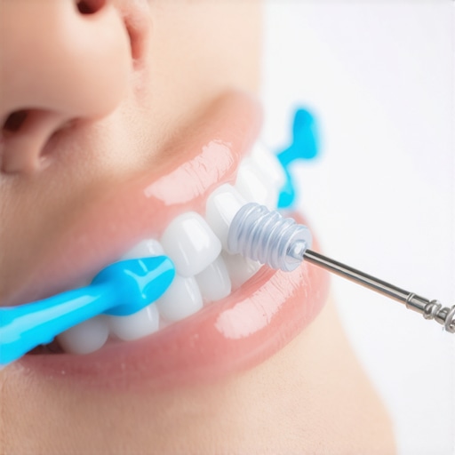Person using interdental brush around a dental crown for thorough cleaning.