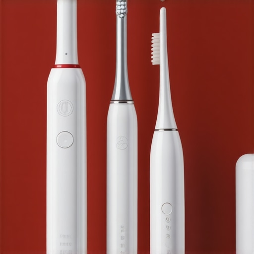 Essential Oral Hygiene Tools Collection of electric toothbrush, interdental brushes, and water flosser used for dental maintenance