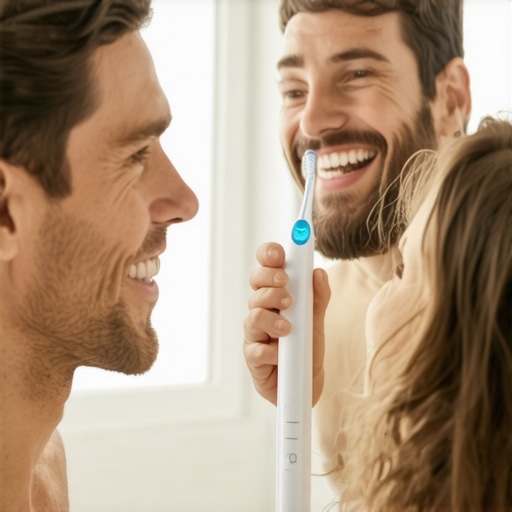 Family Oral Hygiene Routine Family practicing oral hygiene with advanced tools