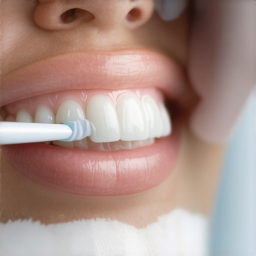 A person gently brushing a dental crown with a soft toothbrush to demonstrate proper cleaning technique.