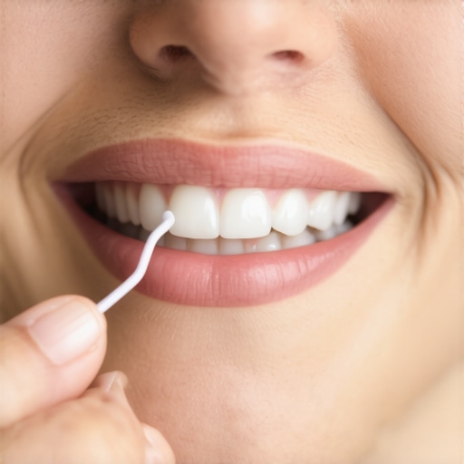 Person flossing teeth carefully with waxed floss