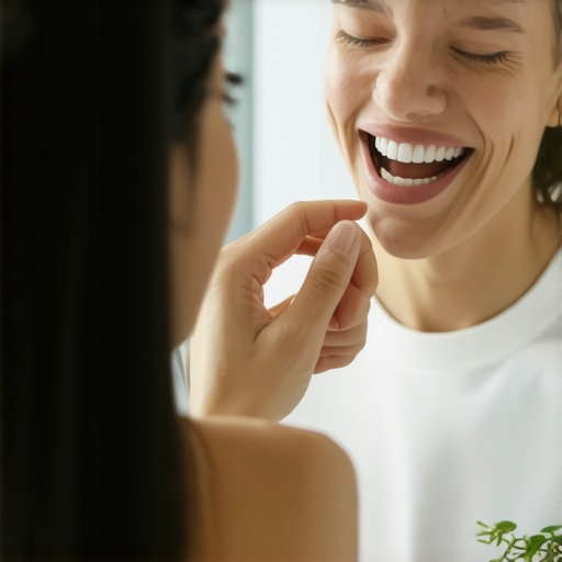 Individual inspecting teeth in mirror for signs of dental issues