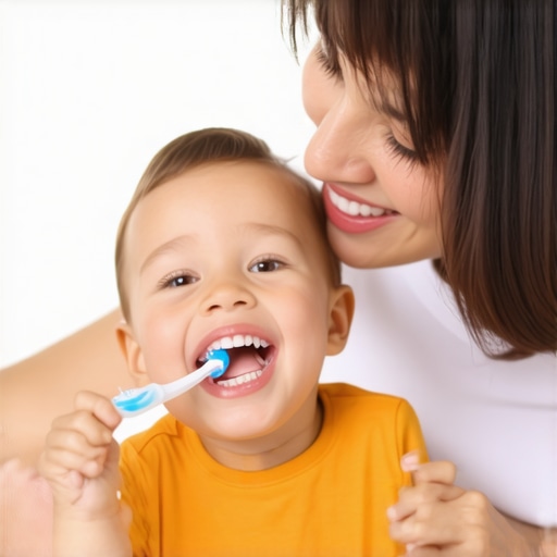 Parent supervising a child brushing teeth with fluoride toothpaste